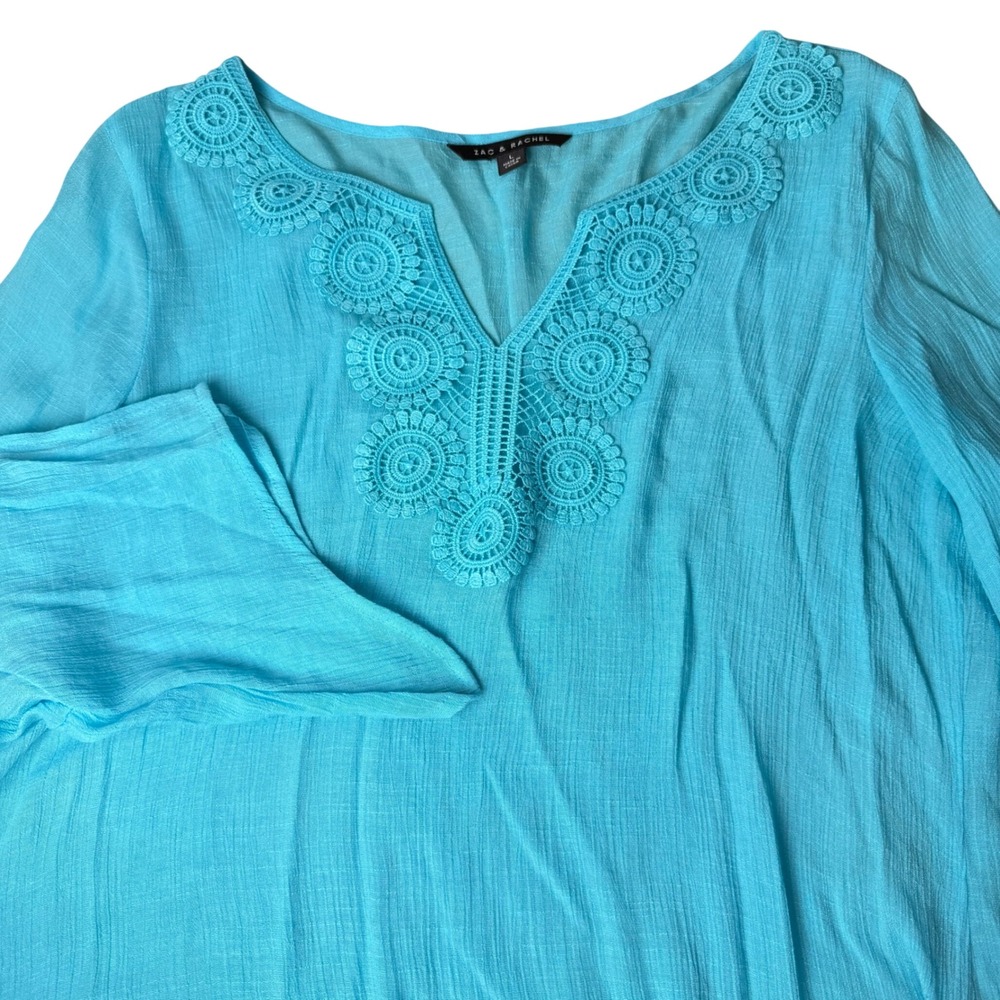 Zac & Rachel Womens Guaze Crochet V Neck Blouse Large Blue Sharkbite Vacation